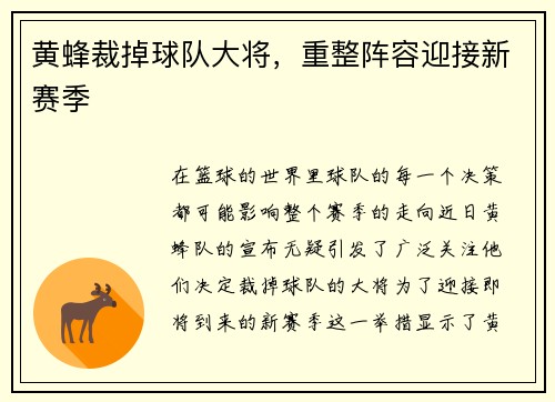 黄蜂裁掉球队大将，重整阵容迎接新赛季
